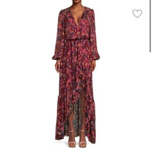 Pink Floral Long Sleeve with Plunge Neckline and High Slit for Wedding Guest